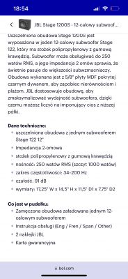 Szczegóły techniczne subwoofera JBL Stage 1200S na ekranie telefonu