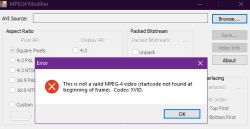 Komunikat błędu w programie MPEG4 Modifier dotyczący pliku XVID