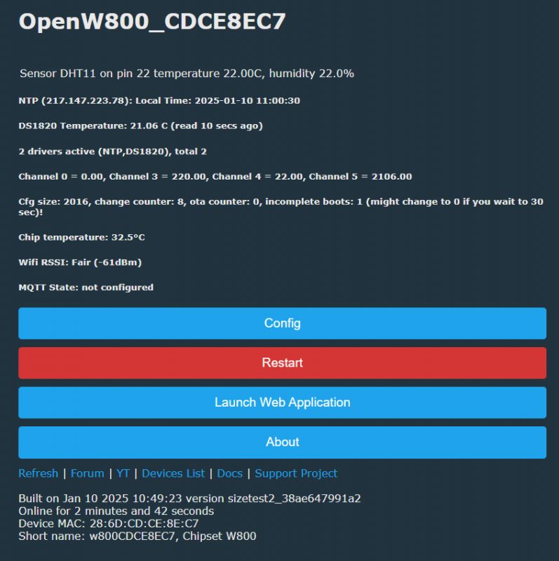 Screenshot of the OpenW800 control panel displaying sensor information and configuration options.