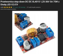 Dwie przetwornice step-down XL4015 z regulowanymi potencjometrami, złączami śrubowymi i dławikami żółto-złotymi na czerwonych płytkach PCB.