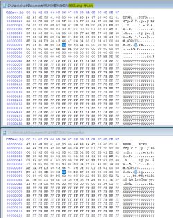 Screenshot comparing two binary files with hexadecimal code.