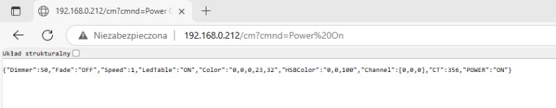 Browser screenshot with JSON response showing device settings on 192.168.0.212.