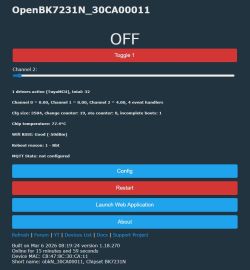OpenBK7231N web panel screenshot showing OFF, Toggle 1 button, and a Channel 2 slider