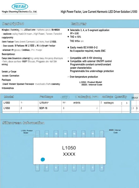 L1050 datasheet page with tables, description, and IC pinout diagram