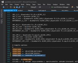 Makefile code in Visual Studio with highlighted compilation options Screenshot from Visual Studio showing makefile code with highlighted lines related to the CPPDEFINES variable.