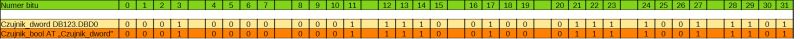 Tabela z numerami bitów 0–31 i dwoma wierszami wartości 0/1 dla DWORD oraz tablicy BOOL.