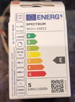 Spectrum WOJ+16823 LED Bulb Packaging Packaging of Spectrum WOJ+16823 LED bulb with energy class E and technical parameters.