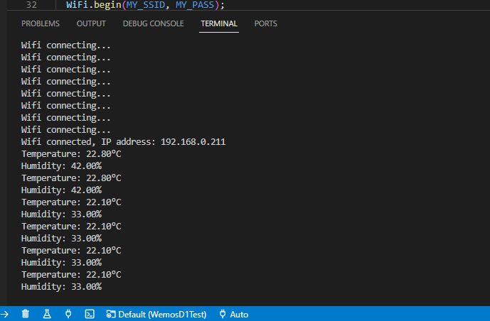 ESP8266-Terminal: WiFi-Verbindung und DHT11-Messwerte Terminalanzeige mit WiFi-Verbindungsdaten sowie Temperatur- und Feuchtigkeitsmessungen.