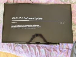 TV screen showing software update V0.28.31.0 in progress, 0.90 GB downloaded
