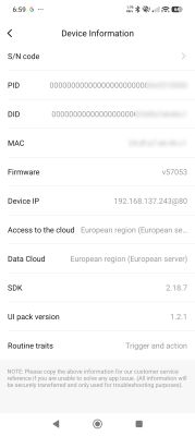 Device information screen showing firmware, IP, cloud region, and software versions