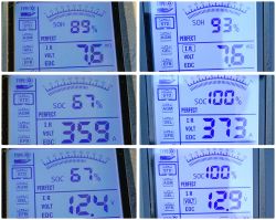 Zestawienie sześciu wyników pomiarów akumulatora samochodowego na ekranie testera.
