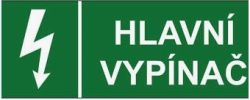 Zielony znak z białą błyskawicą i napisem „HLAVNÍ VYPÍNAČ” po czesku.