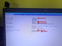 Zrzut ekranu BIOS na laptopie Lenovo z błędnymi danymi.
