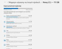 Widok użycia przestrzeni dyskowej na dysku C: z podziałem na typy danych