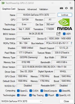 Zrzut ekranu z programu GPU-Z pokazujący szczegóły karty graficznej NVIDIA RTX 3070.