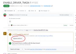 Screenshot from GitHub showing an open pull request requesting approval and build execution.