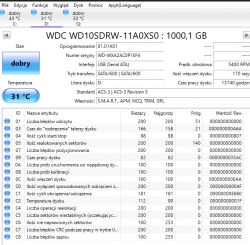 Zrzut ekranu z programu diagnostycznego pokazujący parametry dysku twardego WD WDC WD10SDRW-11A0XS0, jego stan i temperaturę.