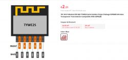 Illustration showing the TYWE2S Wi-Fi module with labeled pins and price.