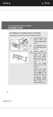 Zrzut ekranu strony instrukcji: „Headlight switch” z rysunkami manetki świateł i opisem pozycji.