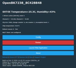 Screenshot of OpenBK7238 web panel showing SHT4X temperature 25.3°C and humidity 43%