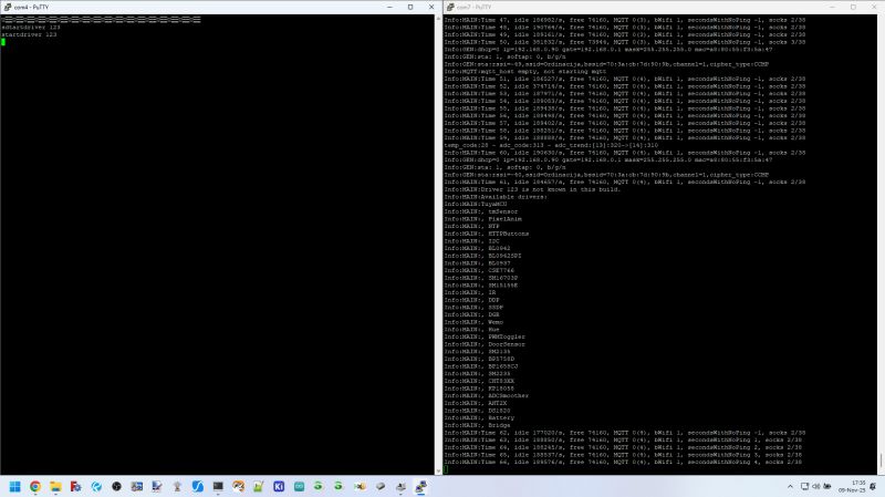 Two PuTTY windows showing active communication on COM4 and COM7 ports