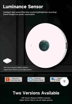 Intelligent light sensor with WiFi and ZigBee support, compatible with Tuya Smart App, Amazon Alexa, and Google Home.