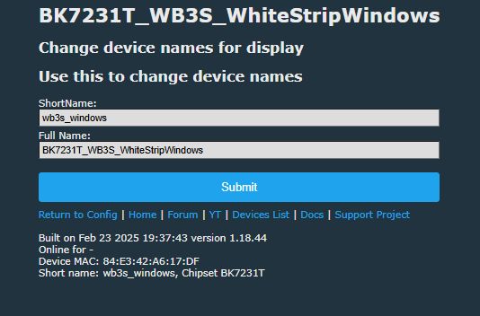 Screenshot of the OpenBeken IoT simulator showing device name change.