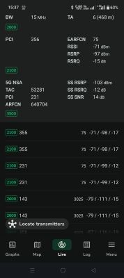 Zrzut ekranu z aplikacji NetMonster pokazujący parametry sygnału sieci LTE i 5G