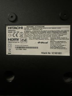Information label on the back of a Hitachi 42HAK5353 TV with technical specifications