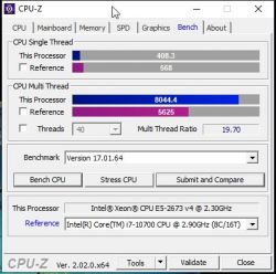 Zrzut ekranu z programu CPU-Z pokazujący wyniki testów procesora Intel Xeon E5-2673 v4.