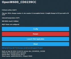 OpenW600 device management panel with various configuration options.