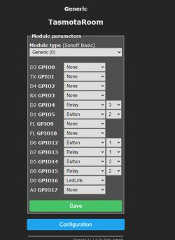 Screenshot of Tasmota configuration showing pin (GPIO) assignments to specific functions on a Generic module.