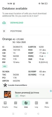 Zrzut ekranu z aplikacji pokazujący parametry sygnału sieci Orange LTE i 5G