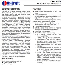 Description and Features of OB2365A PWM Controller Technical information page of the OB2365A PWM controller for a power supply.