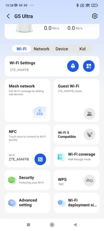 Ekran aplikacji ZTE Smart Life pokazujący ustawienia Wi-Fi routera G5 Ultra