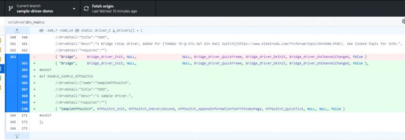 Introducing a New Driver in `drv_main.c` Screenshot of a code editor showing modifications in the `drv_main.c` file, where an entry for the new driver `SampleNTPSwitch` has been added.