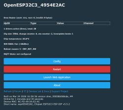 OpenESP32C3_4954E2AC status page for a Dreo Heater with buttons Config, Restart, and Launch Web Application.