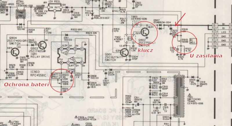 Fragment schematu elektronicznego z zaznaczonymi elementami C924, ochrona baterii oraz klucz.