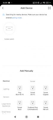 App screen for adding a device, showing a detected curtain switch labeled Curtain switch and an option to manually add various types of sockets.