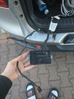 VW-Steuergerät mit rotem und schwarzem Stecker in der Hand am offenen Kofferraum