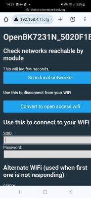 OpenBK Configuration Interface on Smartphone OpenBK web interface on a smartphone for WiFi configuration.