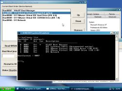Windows XP screenshot: UefiMenu Boot Manager window and cmd.exe showing UEFI BootOrder entries