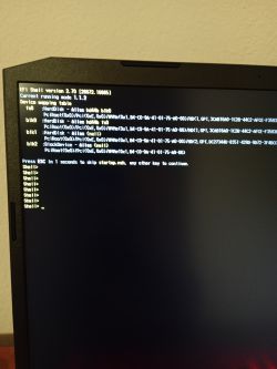 Ekran laptopa z widokiem na powłokę EFI Shell pokazującą listę dysków oraz komendy shell.