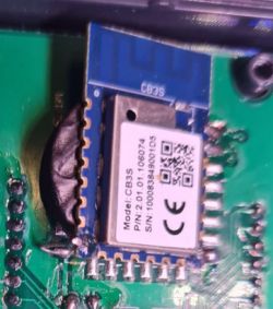 CB3S module soldered at an unusual angle on a green PCB.