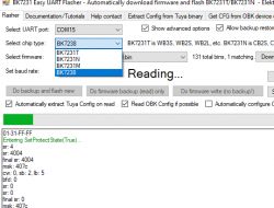 User interface of BK7231 Easy UART Flasher with a dropdown menu selecting BK7238 chip.