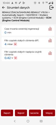 Zrzut ekranu aplikacji diagnostycznej: ciśnienie różnicowe DPF 4 mbar i napięcie czujnika 0,42 V