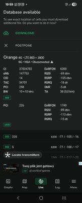 Zrzut ekranu z aplikacji NetMonster pokazujący dane sygnału sieci Orange LTE 800 i 1800