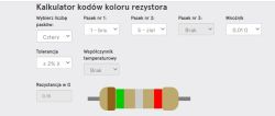 Kalkulator kodów kolorów rezystora z zaznaczonymi paskami i wynikiem 0,15 Ω
