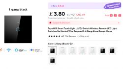 Tuya WiFi 1-gang Touch Switch with Promotion Black 1-gang touch switch with price and promotion.