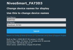 Device name change settings page for NiveoSmart_FA73D3 with fields and a Submit button